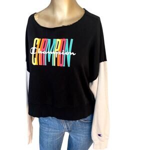 Champion Colorblock Cropped Raw Hem Sweatshirt Size S Neon Graphic